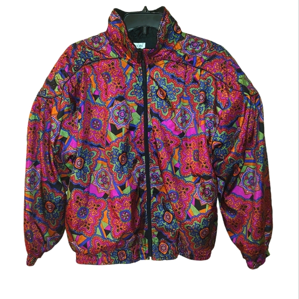 Vtg Track Jacket L Mandala Paisley Retro Lavon Statement Puffy Windbreaker Large